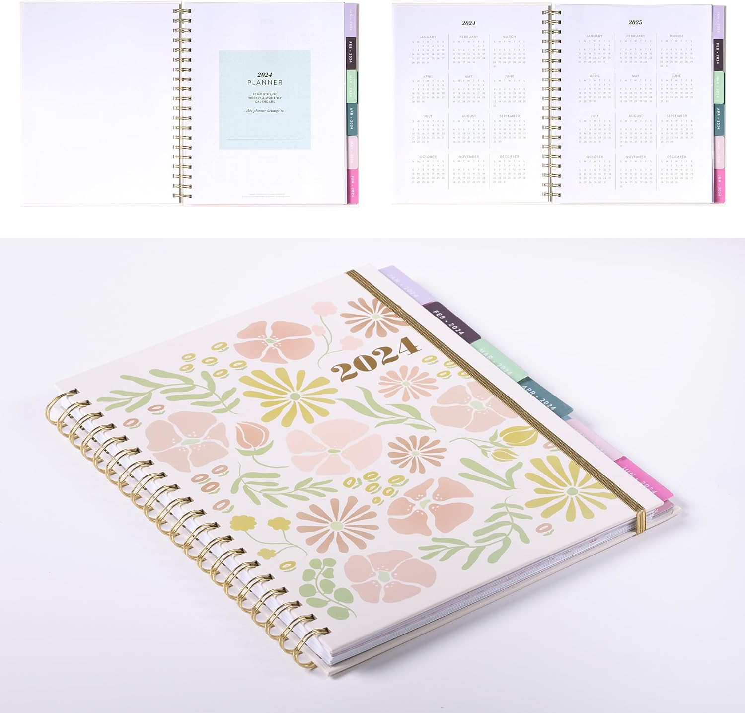 2024 Coral Pink Flowers Large Spiral Planner