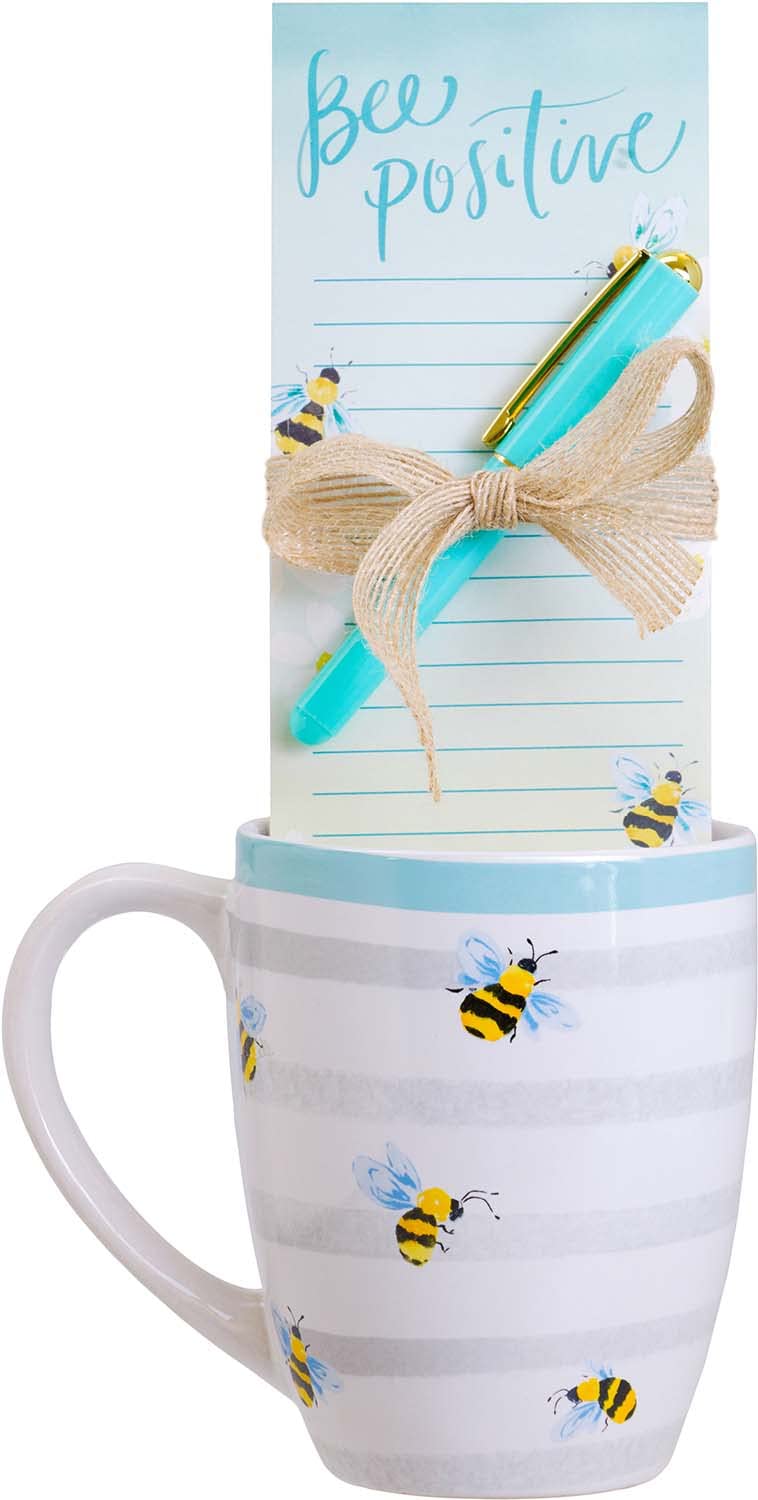 Eccolo Coffee Mug with Notepad and Pen Gift Set Bee Positive