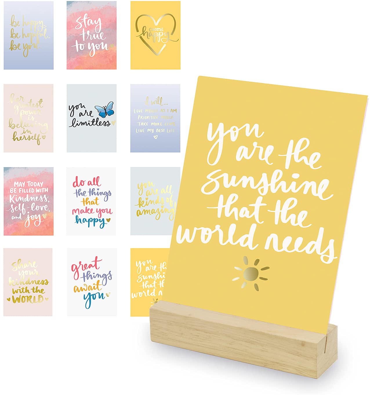 Dayna Lee Cheerful Quotes & Artwork with Wooden Block Desk Stand