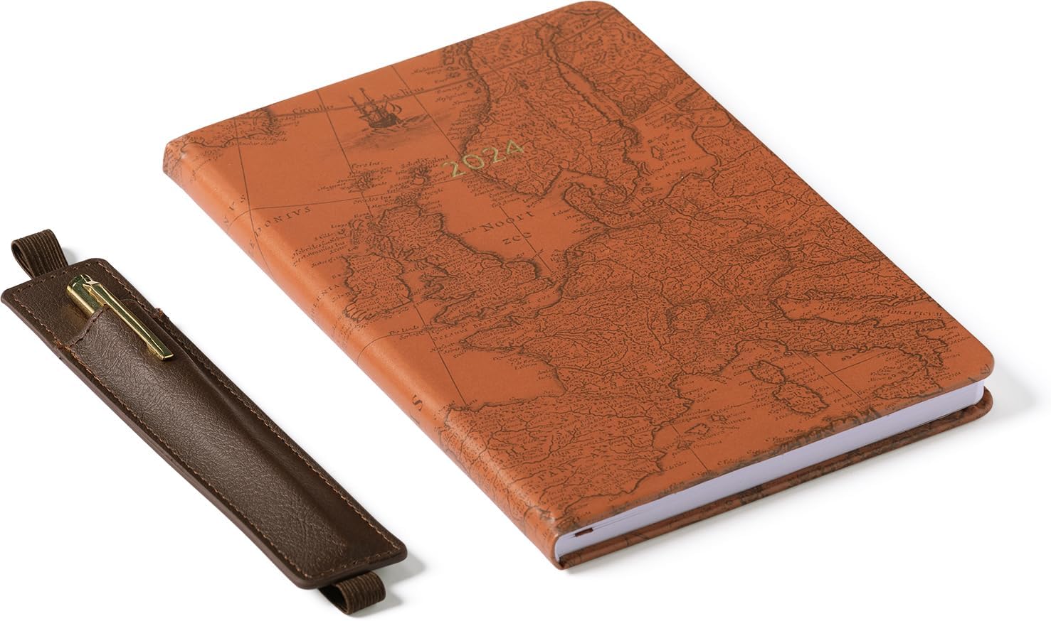 2024 Brown Map with Pen and Pouch 6x8 Bound Planner